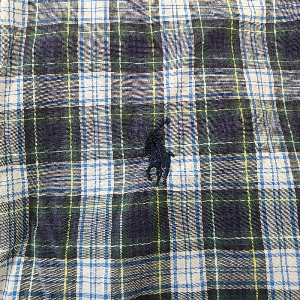 Ralph Lauren Kids Navy Blue Green Plaid Button Down Shirt L 14-16 Cotton Pony